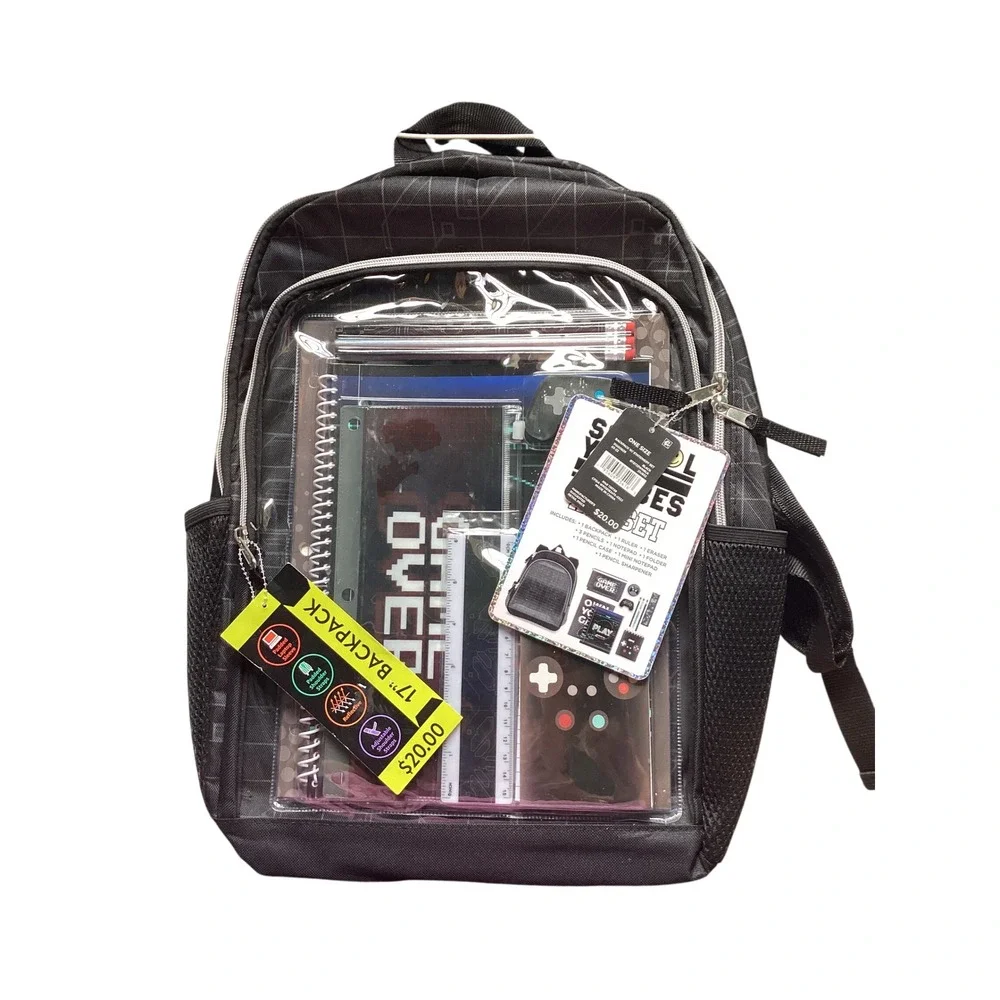 Black 17 Inch Gamer Backpack 10 Piece School Supplies Set Clear Pocke Reflective
